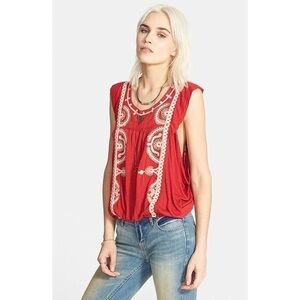 Free People Red Sleeveless Embroidered Boho Tank